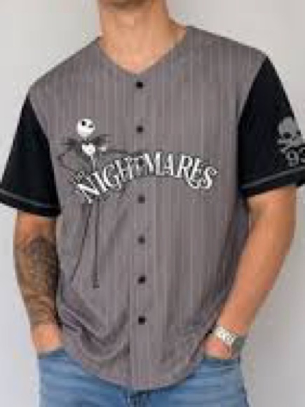 Disney Nightmares Pinstripe Baseball Jersey - Gray & Black